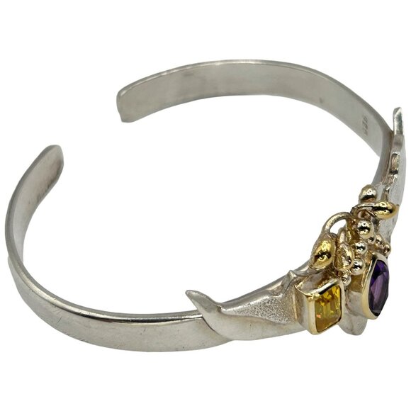 Vintage 925 Sterling Silver Modernist Cuff Bracelet with Amethyst and Citrine - Picture 3 of 5